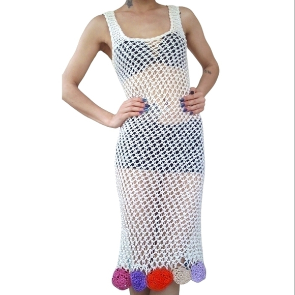 Vintage Cream Rainbow Crochet Boho Summer Dress Small - Picture 4 of 7